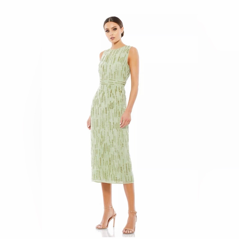 Mac Duggal Light Green Textured Midi Dress